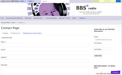 BBS Web Radio-TV USA - Contact page form
