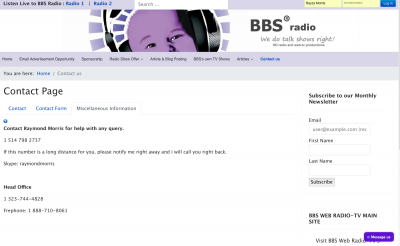 BBS Web Radio-TV USA - Contact page other information