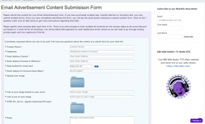 BBS Web Radio-TV - Email advertising content submission form; Client can automatically submit the content for their email advertisement here