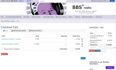 BBS Web Radio-TV - Email advertising shop page ; Check out cart part 1