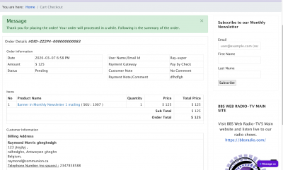 BBS Web Radio-TV - Email advertising shop page ; Check out cart part 3; Transaction summary page.